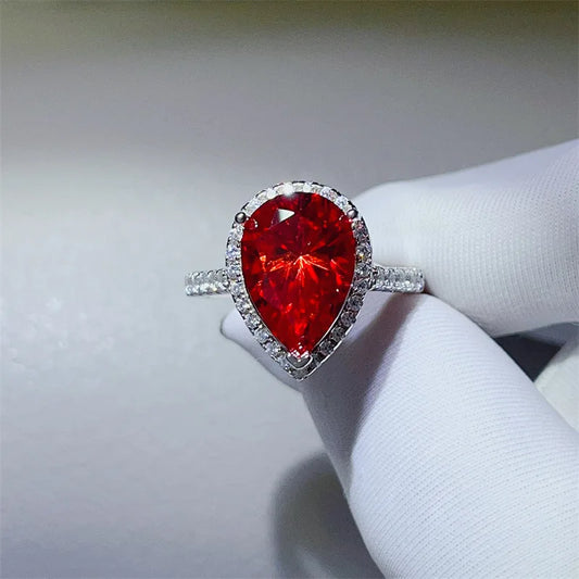 Luckacco Luxury Pear Cut 5Ct Red Moissanite Diamond Ring 925 Sterling Silver Party Wedding Band Rings for Women Bridal Engagement Jewelry