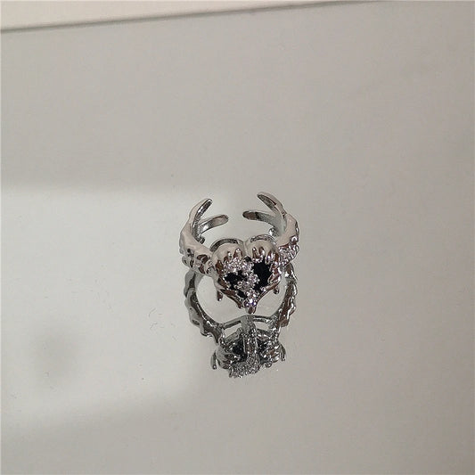 Luckacco Punk Harajuku Goth Thorns Black Silver Color Irregular Heart Cross Open Ring For Women Men Lover Vintage 90s Y2K Grunge Jewely