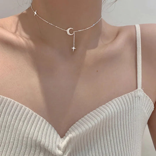 Luckacco Popularity Fashion Moon Star 925 Sterling Silver Necklace Geometric Shape Pendant Chain for Women's Fine Accessories