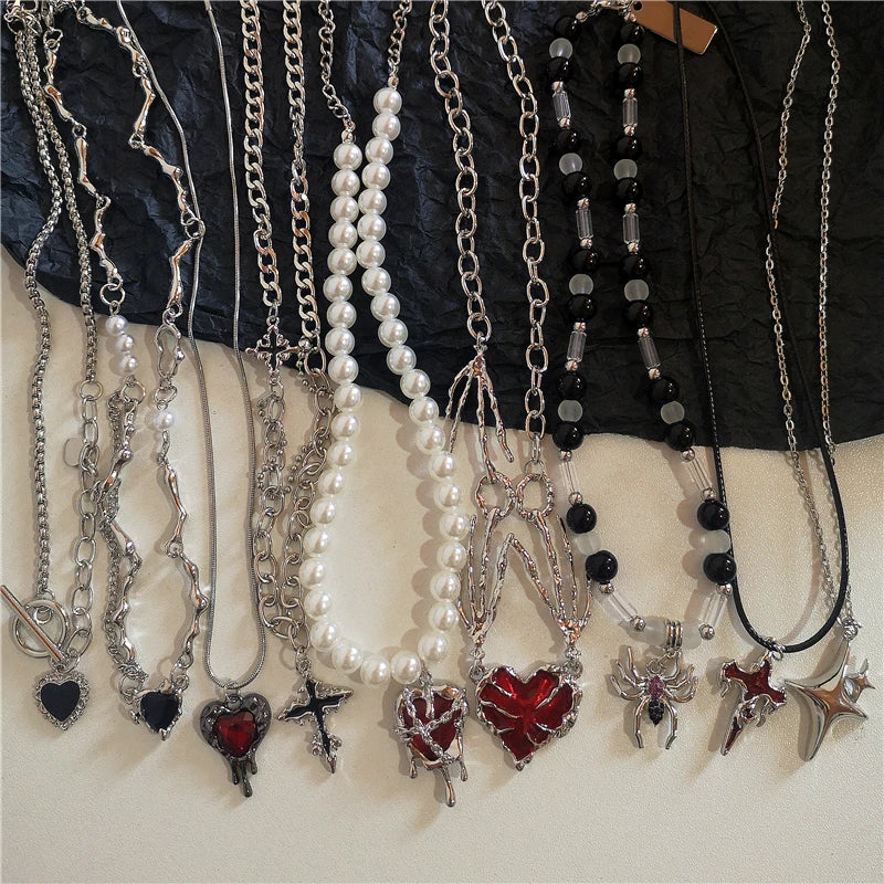 luckacco gothic vintage y2k red glass heart star cross pendant pearl bead necklace for women men aesthetic 90s grunge accessories jewelry