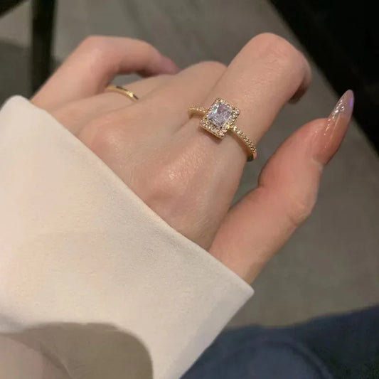 Luckacco Luxury Classic Moissanite Wedding Engagement Rings for Women Square Lucky Ring Adjustable Gold Color Rings Charm Jewelry