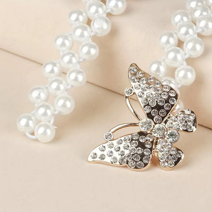 Luckacco Elegant Butterfly Buckle Belt with Faux Pearls and Rhinestones - Elastic Waistband for Dresses and Girdles