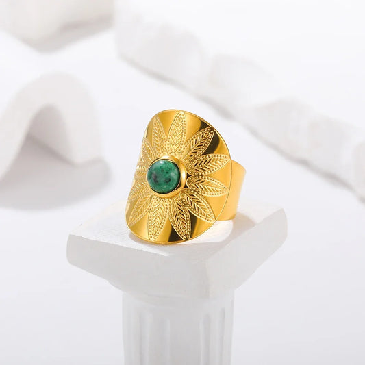 Luckacco Vintage Turquoise Wide Ring for Women Gold Color Stainless Steel Wheat Ear Adjustable Open Ring Fashion Party Jewelry Gift