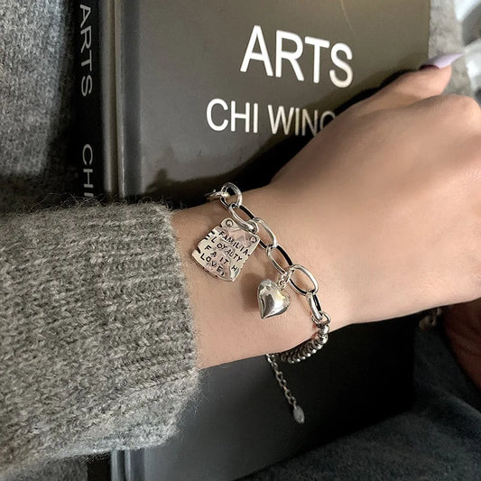 Luckacco New 925 Silver Geometric Bead Punk Peace of Mind Words Irregular String Bracelet For Woman Girl Fashion Jewelry Gift Dropship