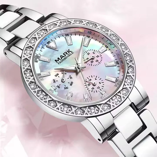 Luckacco Mark Fairwhale Dress Pink Diamond Watch For Women Fashion Ceramic Chain Quartz Watch Luxury Brilliant Beimu Wristwatch Ladies