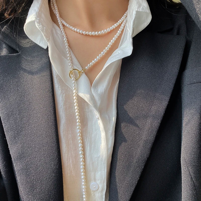 luckacco women's necklace white natural freshwater round long pearl necklace bride weddings gift pearl sweater chains