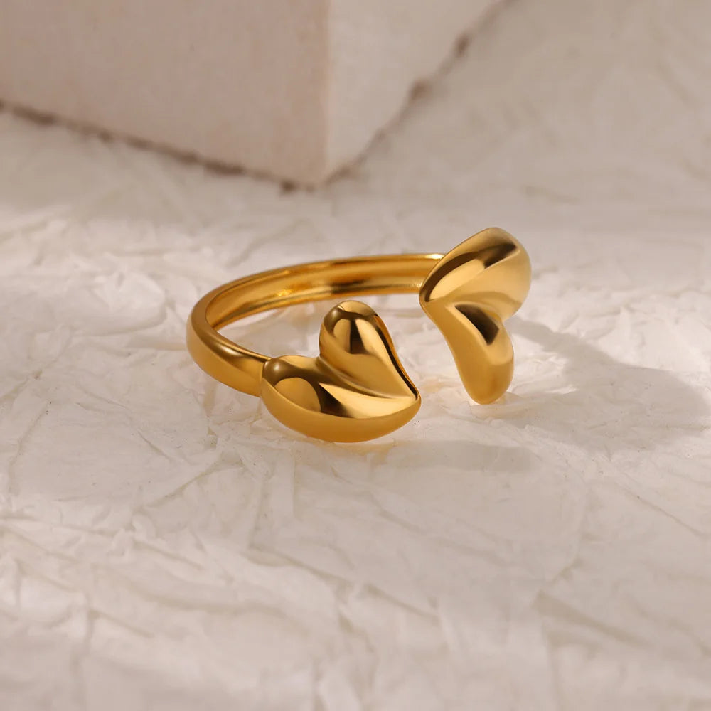 luckacco double heart rings for women gold color stainless steel open adjustable ring female fashion party wedding aesthetic jewelry gift