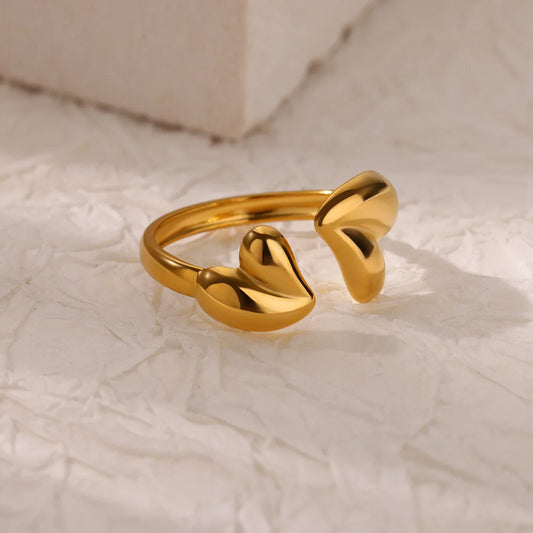 Luckacco Double Heart Rings For Women Gold Color Stainless Steel Open Adjustable Ring Female Fashion Party Wedding Aesthetic Jewelry Gift