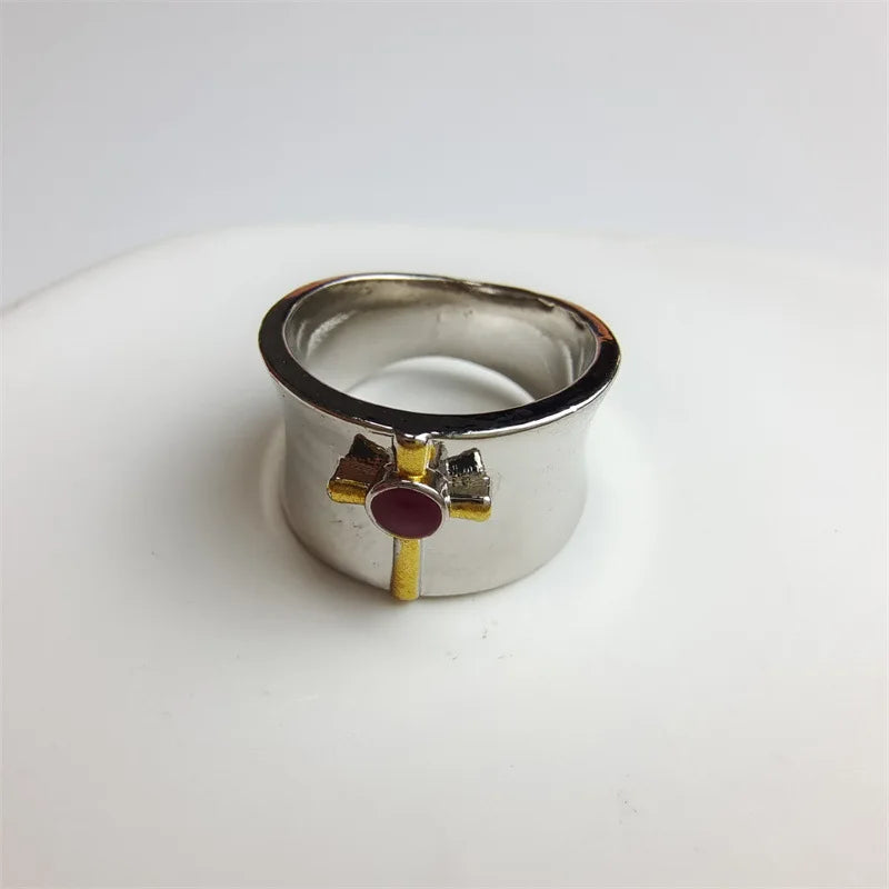 luckacco elegant woman red stone cross ring fashion silver color religious belief statement ring punk red beads crystal rings for women