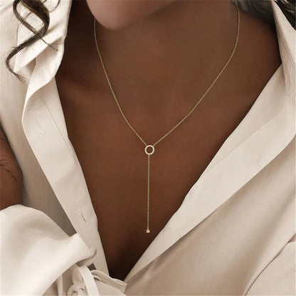 Luckacco S925 Sterling Silver Double-Deck Circle Zircon Pendant Long O-Chain Choker Necklace 2024 Spring Women Wedding Fine Jewelry