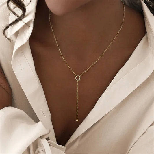 Luckacco S925 Sterling Silver Double-Deck Circle Zircon Pendant Long O-Chain Choker Necklace 2024 Spring Women Wedding Fine Jewelry