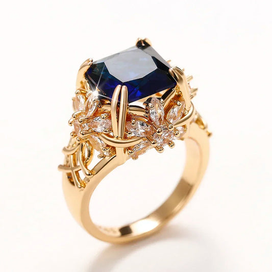 Luckacco daily picks Gorgeous Dark Blue CZ Female Ring Dazzling Flower Design Aesthetic Women Accessories Anniversary Party New 2025 Jewelry