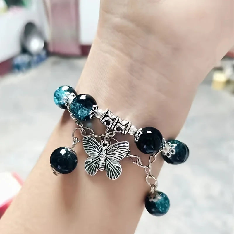 luckacco luxury galaxy planet bracelet for women popcorn crystal opal beads butterfly feather pendant bracelet harajuku jewelry gifts