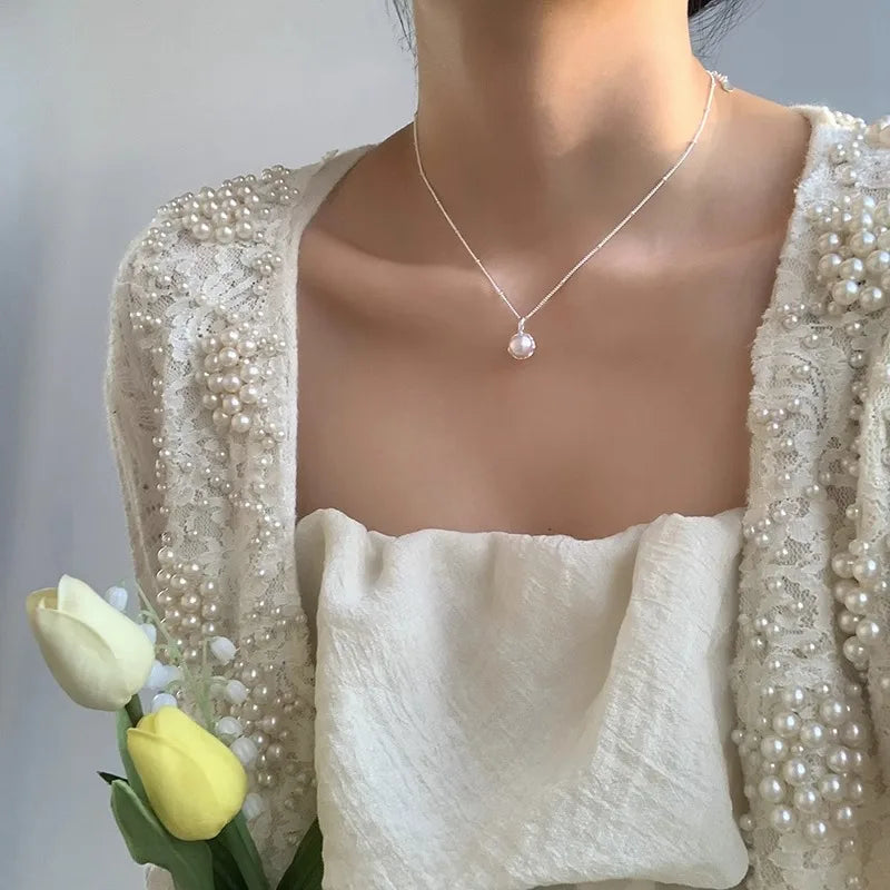 luckacco new trendy fashion 925 silver pearl simple elegant thin chain pendant necklace for women girl jewelry dropship