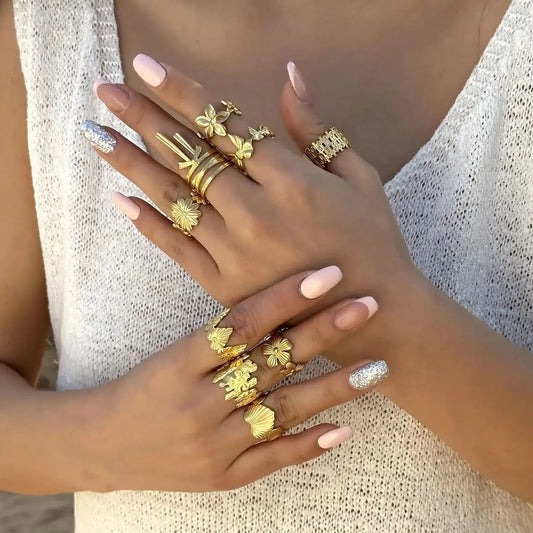 Luckacco Trendy Gold Color Stainless Steel Ring for Women Bohemian Shell Starfish Conch Flower Butterfly Heart Ring Party Jewelry Gift