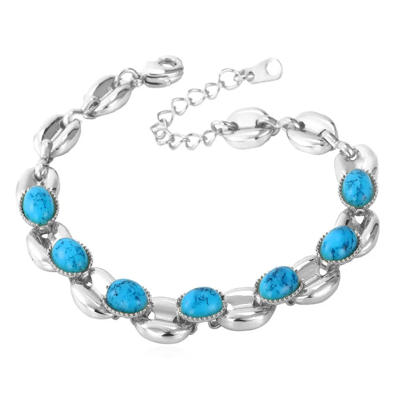 luckacco u7 gold color oval horse eyes round blue turquoise stone beaded chain bracelets for women boho jewelry gift for her qc