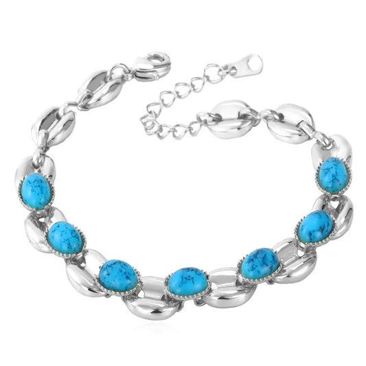 Luckacco U7 Gold Color Oval Horse Eyes Round Blue Turquoise Stone Beaded Chain Bracelets for Women Boho Jewelry Gift for Her QC