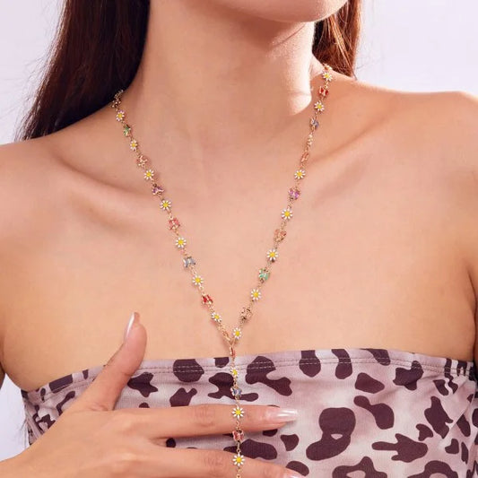 Luckacco Trendy Gold Silver Color Glass Long Y-Shaped Necklace Metal Collarbone Chain Summer Holiday Party Bohemian Body Jewelry Gifts