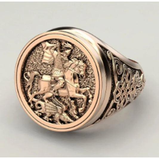 Luckacco Vintage St George and The Dragon Rings for Men Stainless Steel Jewelry Soldier's Protector Courage Luck Ring on The Battlefield