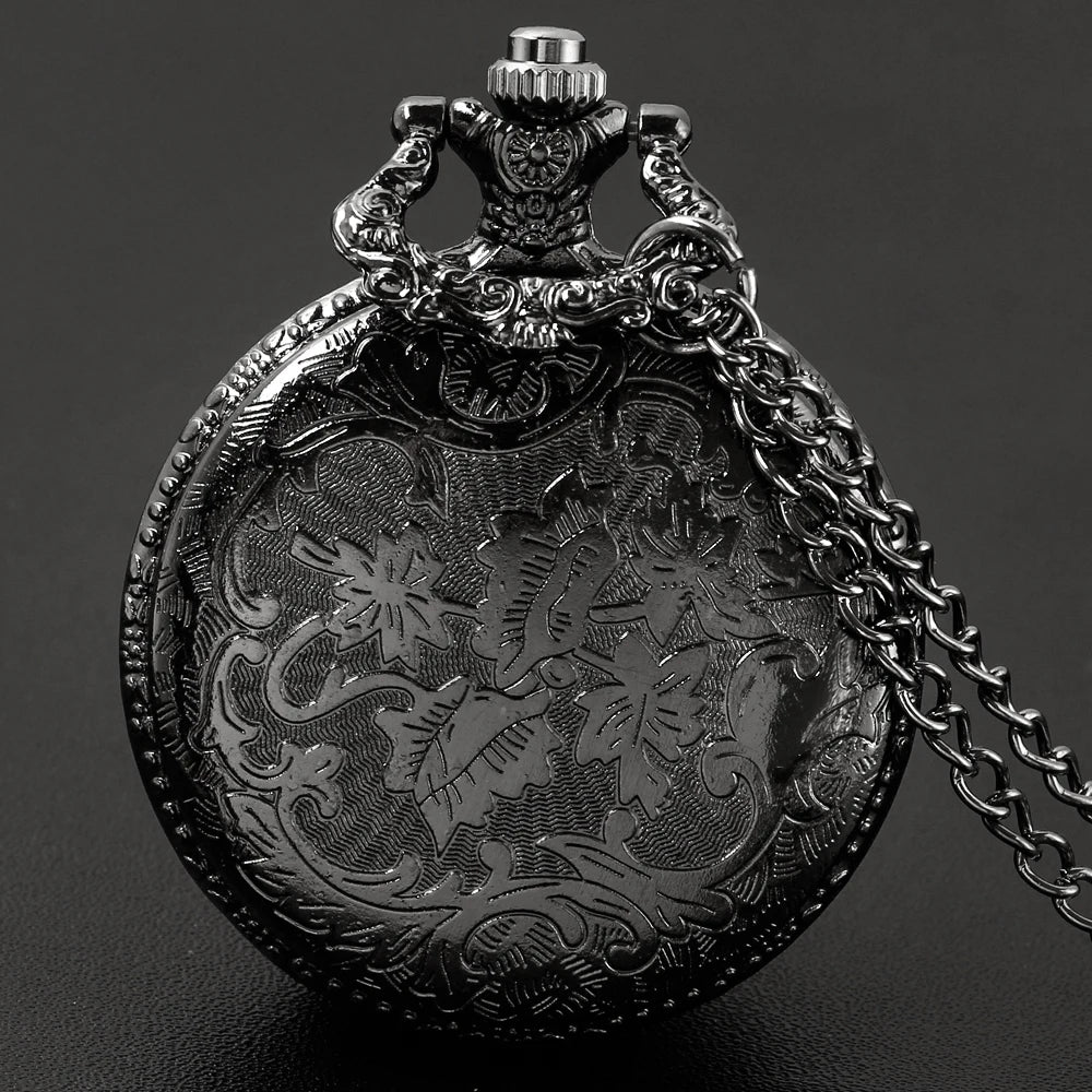 luckacco tree of life pattern sketch ink painting dial pocket watch all black vintage necklace chain quartz fob clock reloj