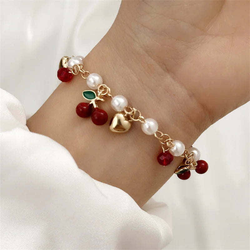 luckacco sweet cute red strawberry cherry heart pearl charm bracelet new fashion y2k fruit gold color chain jewelry party gifts 2025