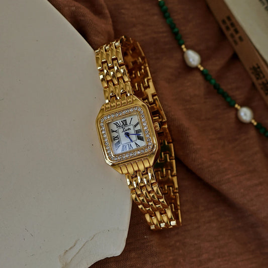 Luckacco 1pc New Arrival Gold-Tone Square Dial Women's Waterproof Watch With Inlaid Rhinestone, Elegant & Simple Style, watch for women