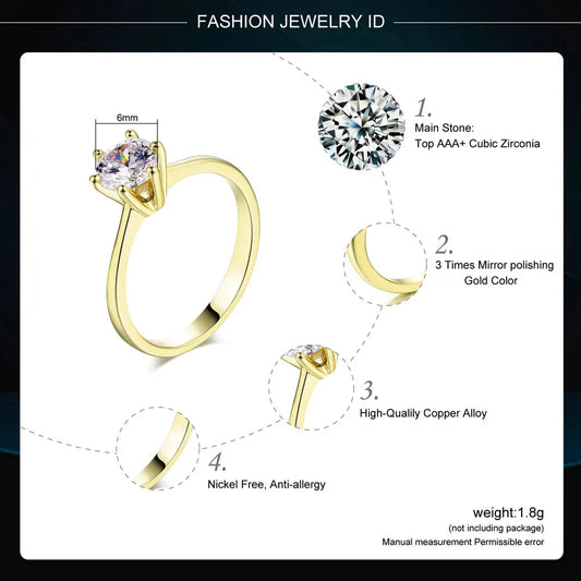 Luckacco Classic 1 Carat Crystal Wedding Ring For Women Zirconia Gold Color Engagement Anniversary Proposal Marriage Ring Jewelry R174