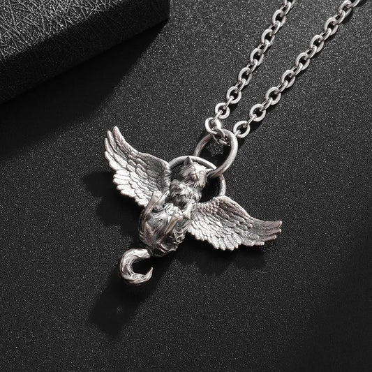 Luckacco Classic Retro Silver Plated Cute Pet Wing Cat Pendant Necklace for Men Women Fashion Personalized Clavicle Chain Jewelry Gifts