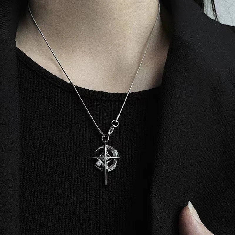 luckacco jwer new y2k cuban figaro chain star moon pendant necklace men punk black zircon chain choker necklace for men jewelry gifts