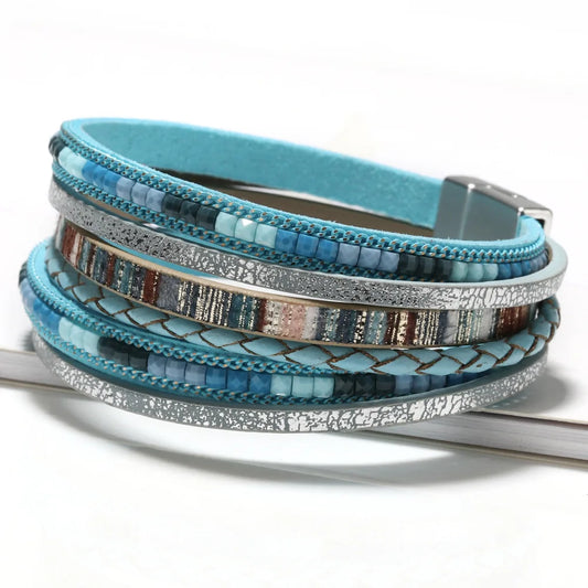 Luckacco Multilayer Brown Leather Bracelet For Women Fashion Creative Bohemian Hand Woven Magnetic Clasp Bracelet