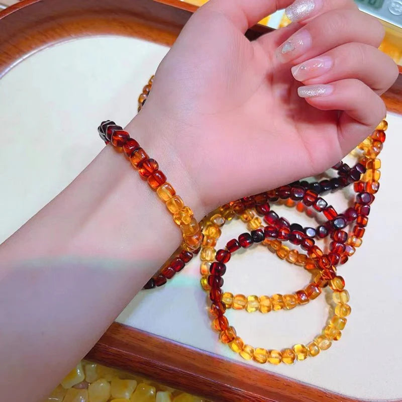 luckacco 6mm natural baltic amber bracelet for women fashion rainbow gradient color square elasticity aldult amber bead jewelry gift