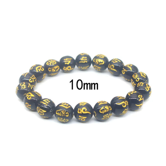 Luckacco Natural Obsidian Beads Six Character Mantra Bracelet Lucky Wealth Bangle Buddhist Accessories Meditation Blessing Amulet Jewelry