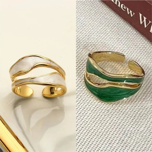 Luckacco Retro Gold Color Double Oil Drip Open Rings for Women Luxury Irregular Adjustable Finger Ring 2025 New Trendy Wedding Jewelry