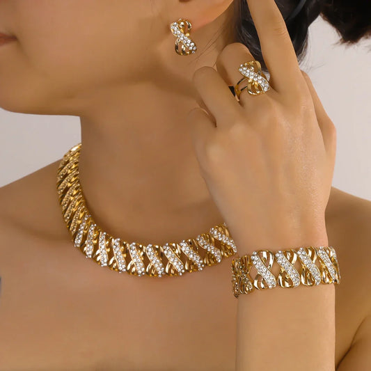 Luckacco Fashion 18k Gold Plated Jewelry Set Dubai African Choker Necklace Earrings Rings Wedding Bridal Jewellery Sets for Women