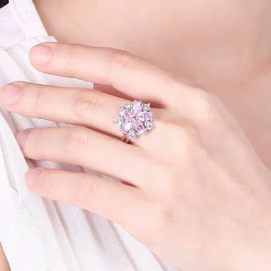 Luckacco Fashion Sakura Princess Rings Pink Crystal Stone Ring Charm for Women Dainty Bride Flower Zircon Engagement Ring Кольца