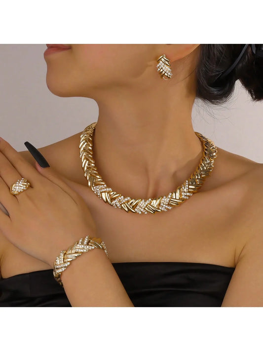 Luckacco Fashion 18k Gold Plated Jewelry Set Dubai African Choker Necklace Earrings Rings Wedding Bridal Jewellery Sets for Women