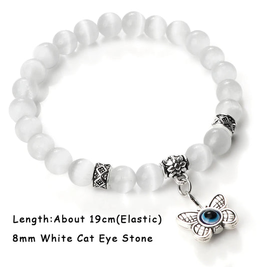 Luckacco Natural Cat Eye Stone Bracelet & Bangle for Women Brief White Pink Opal Beads Yoga Balance Jewelry Lucky Wristband Handmade Gift