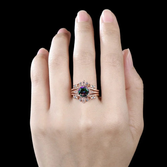 Luckacco Exquisite Rose Gold Color Round White Stone Flower Hollow Rainbow Color Stone Rings for Women Jewelry Anniversary Rings Set Gift
