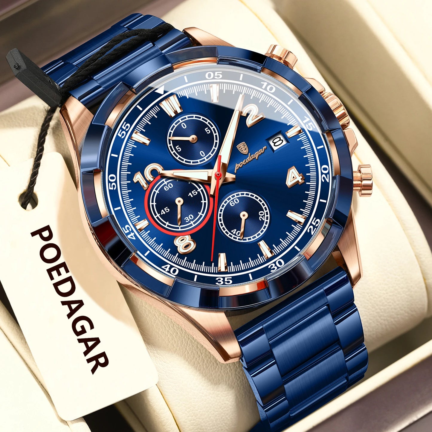 luckacco poedagar trendy men's watch luminous waterproof stainless steel male watch chronograph date sports quartz watches for men reloj