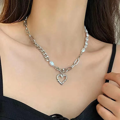 Luckacco New 925 Sterling Silver Heart Necklace Love Pendant Hip Hop Style Choker Party Gift for Women Fine Jewelry