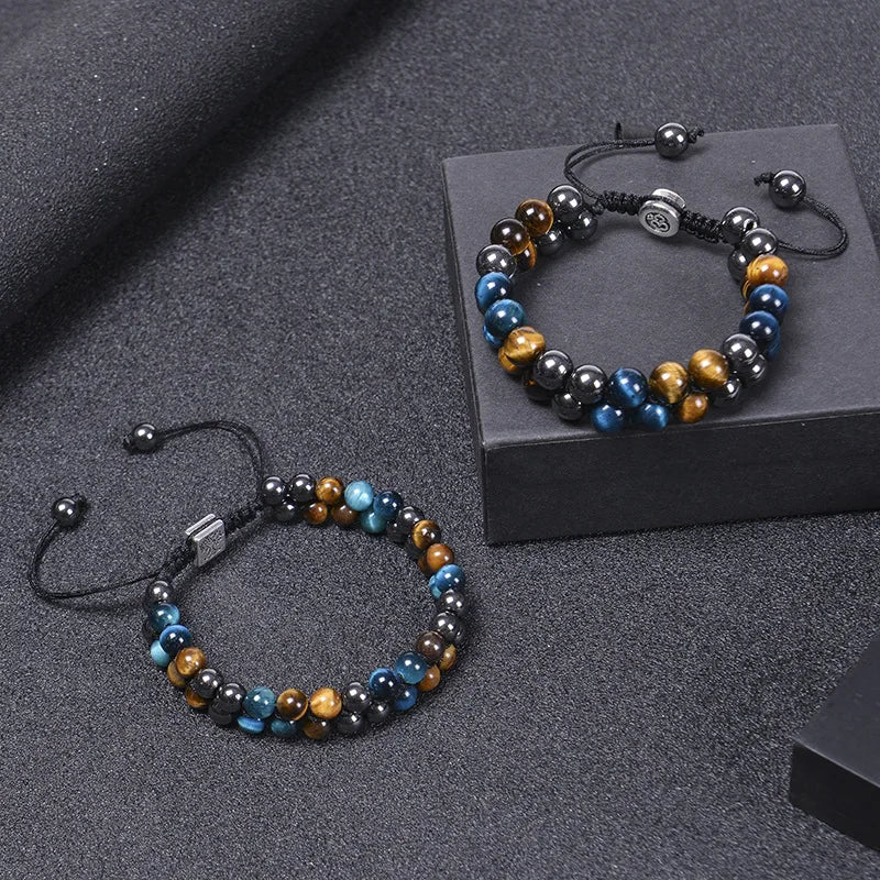 luckacco 8mm natural tiger eye stone adjustable bracelet double layer hand woven  row strand beaded bangles couple party jewelry