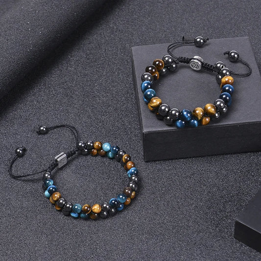 Luckacco 8MM Natural Tiger Eye Stone Adjustable Bracelet Double Layer Hand Woven  Row Strand Beaded Bangles Couple Party Jewelry