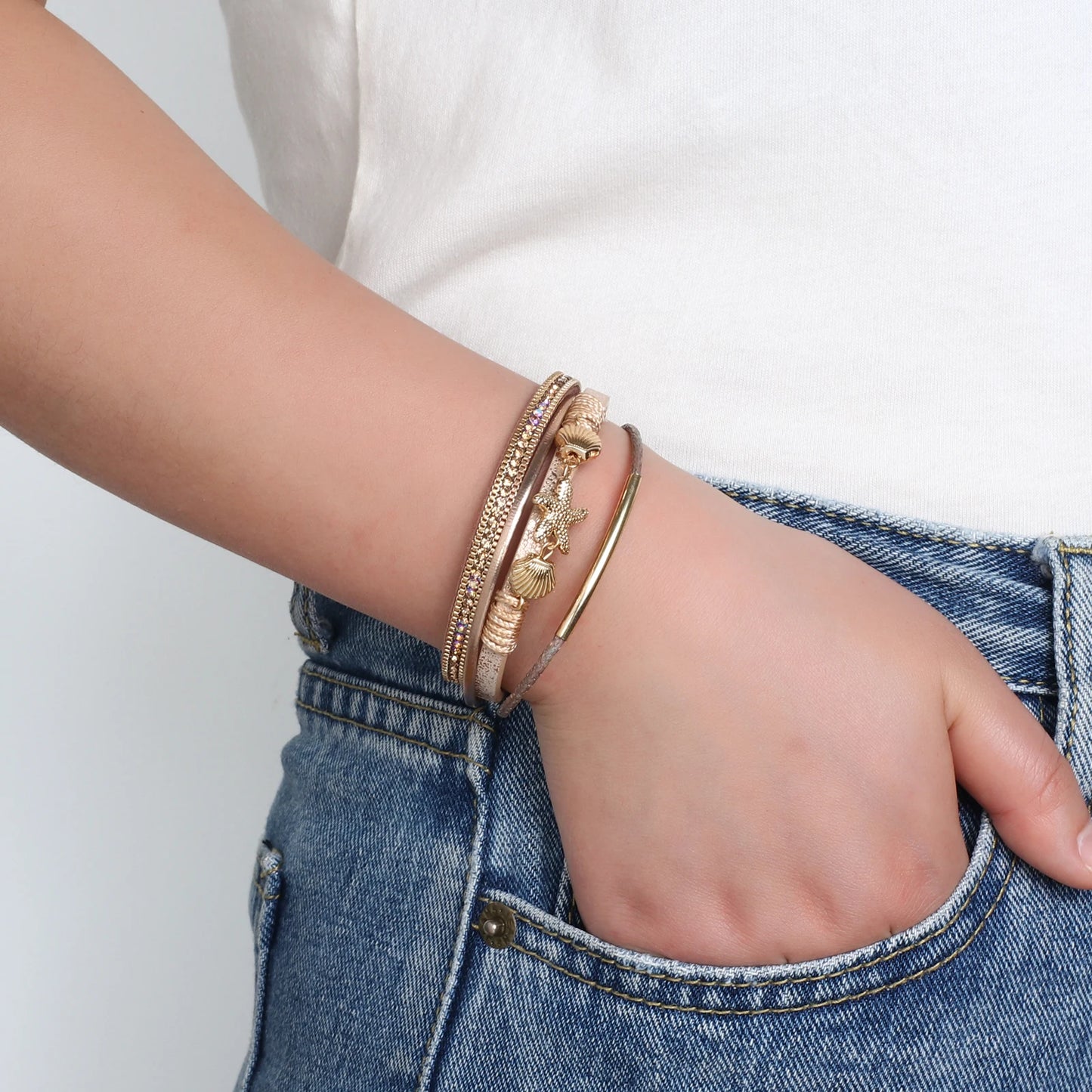 luckacco allyes charm starfish shell leather bracelet for women men boho metal tube crystal beads chain bracelets & bangles beach jewelry