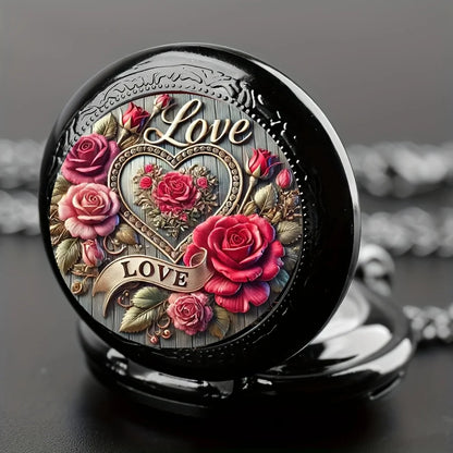 Luckacco Elegant Fashion Heart-Shaped Pocket Watch Necklace with Alloy Case, Pink Floral Design & Quartz Movement - Women's Jewelry