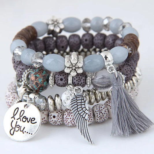Luckacco elite Bohemian Multicolor Pink Crystal Beads Bracelets Women Girls Elastic Tassel Wing Letters Rope Bracelet Pulseira Feminina