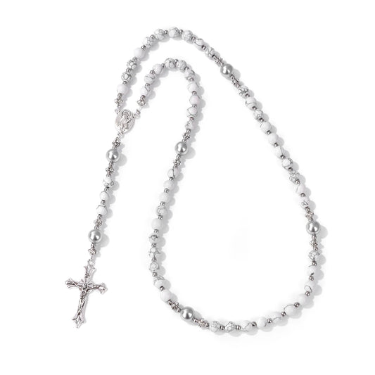 Luckacco Catholic Jesus Cross Bracelet Men Religious Prayer Rosary Bangle 50CM Natural African Turquoises Lava Gem Stone Bead Bracelet