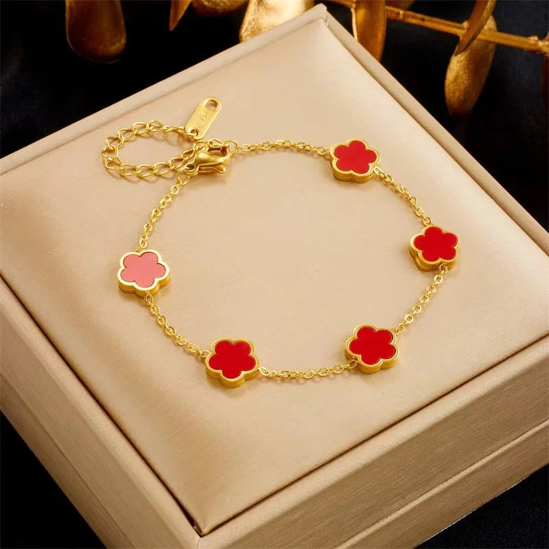 luckacco lucky cute colorful five-leaved flower stainless steel bracelets for women fashion light luxury paty jewelry gifts