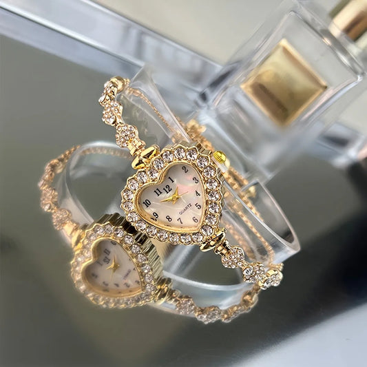 Luckacco Women's Heart Rhinestone Watch with Sparkling Dial & Golden-Tone Alloy Band - Compact Quartz Wristwatch for Everyday Elegance