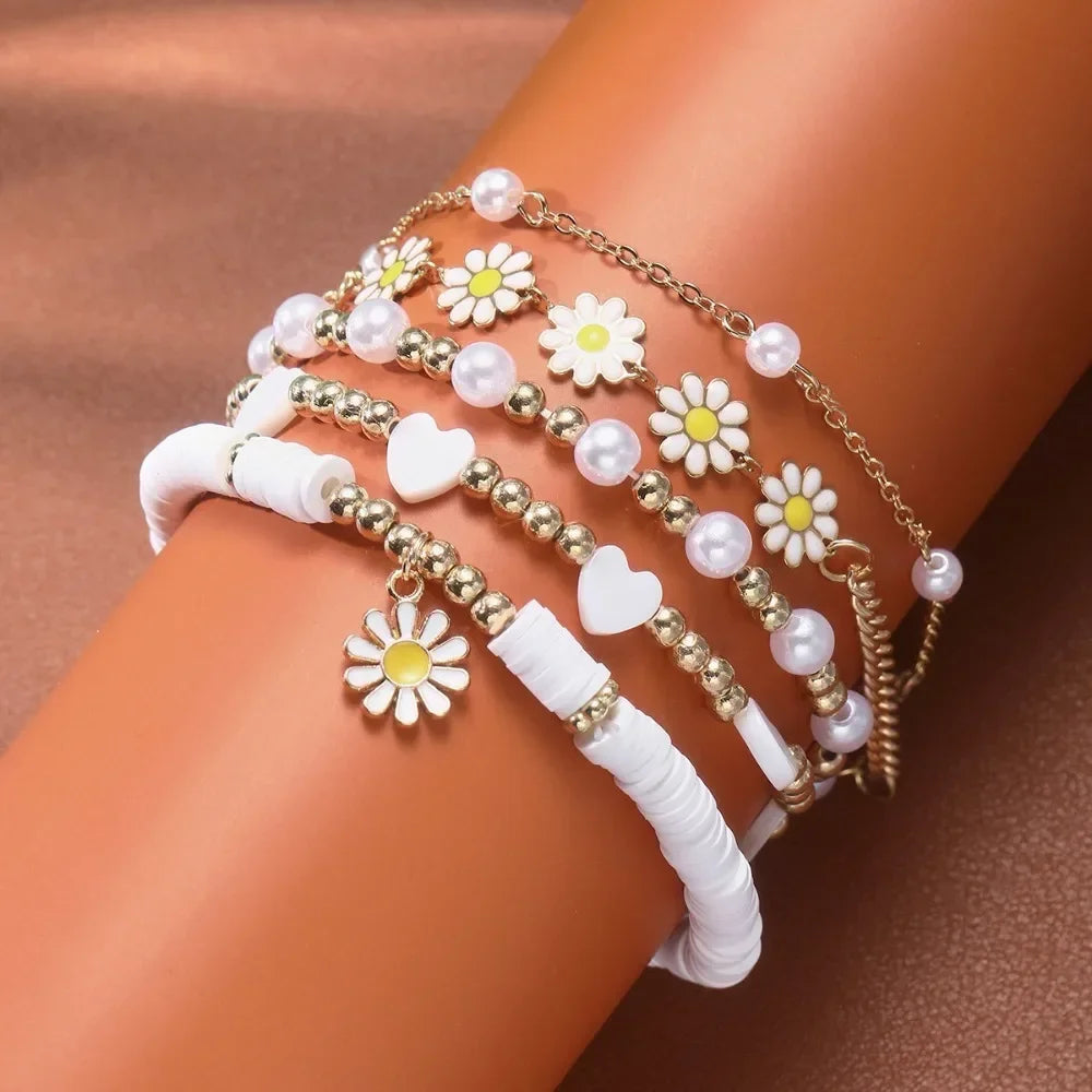 luckacco 5pcs set charm daisy flower pearl heart bracelet for women personality trendy multilayer gold color zircon jewelry set gift