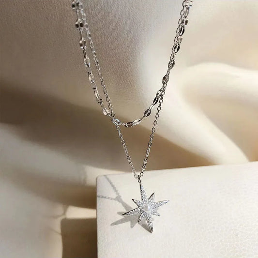 Luckacco Hot Sale 925 Sterling Silver Star Double Layer Necklace Charm Moon Pendant Choker For Women Birthday Gift Beautiful Accessories